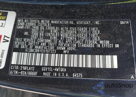 2014 Toyota Venza Xle V6 z USA, uszkodzony, nr VIN 4T3BK3BB1EU107323